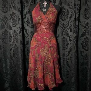 American Vintage Red and Brown Paisley Silk Backless Dress